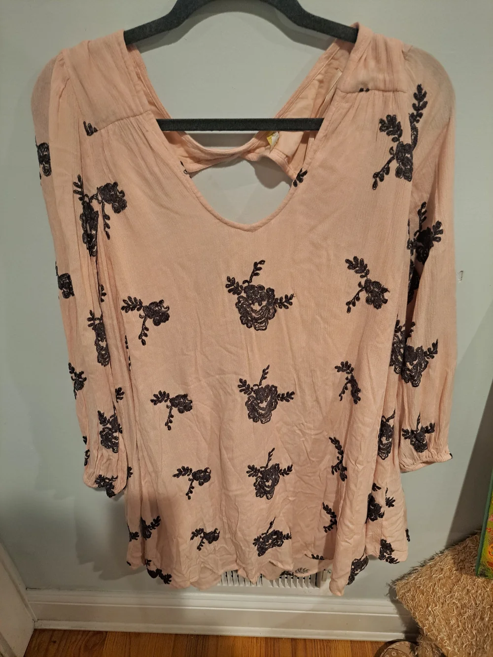 Free People Peach Mini Dress with Black Floral Embroidery
